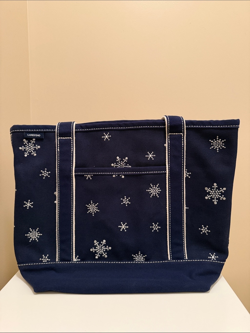 Lands' End Navy Canvas Tote with White Snowflake Embroidery